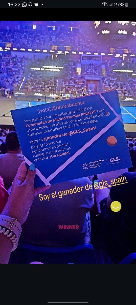 GLS_Spain's tweet photo. ¡¡La ganadora ya ha encontrado su premio!! 🥳🥳🥳

Nos ha contactado por Instagram y podrá estar en Comunidad de Madrid Premier Padel P1 💙 https://t.co/U4L5iISFwt