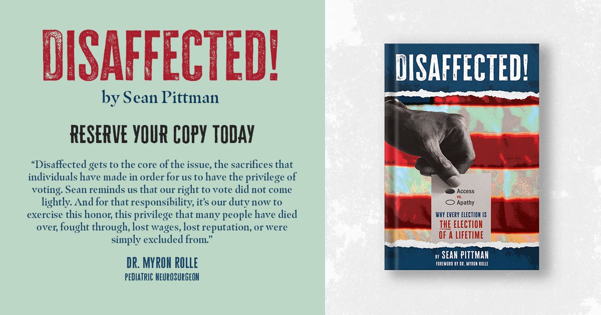 PittmanLawGroup's tweet image. 🌟 Announcing "Disaffected" 🌟  

Sean Pittman's "Disaffected" is released in August nationwide. Uncover the untold story of voting in America and how to make change. Reserve your copy today: bit.ly/disaffectedbook 📚 #Disaffected #SeanPittman #YourVoteMatters