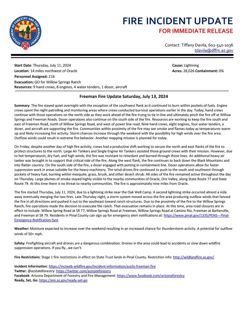 azstateforestry's tweet photo. #FreemanFire Update for Sat. 7/13/2024:
Fire remains at 28k+ ac. w/no containment to report. Another mapping mission is planned for today.
218 personnel assigned to the fire, incl. state, federal, tribal, & local cooperators.
Add'l info: https://t.co/rItZmp37Bj
#AZFire #AZForestry