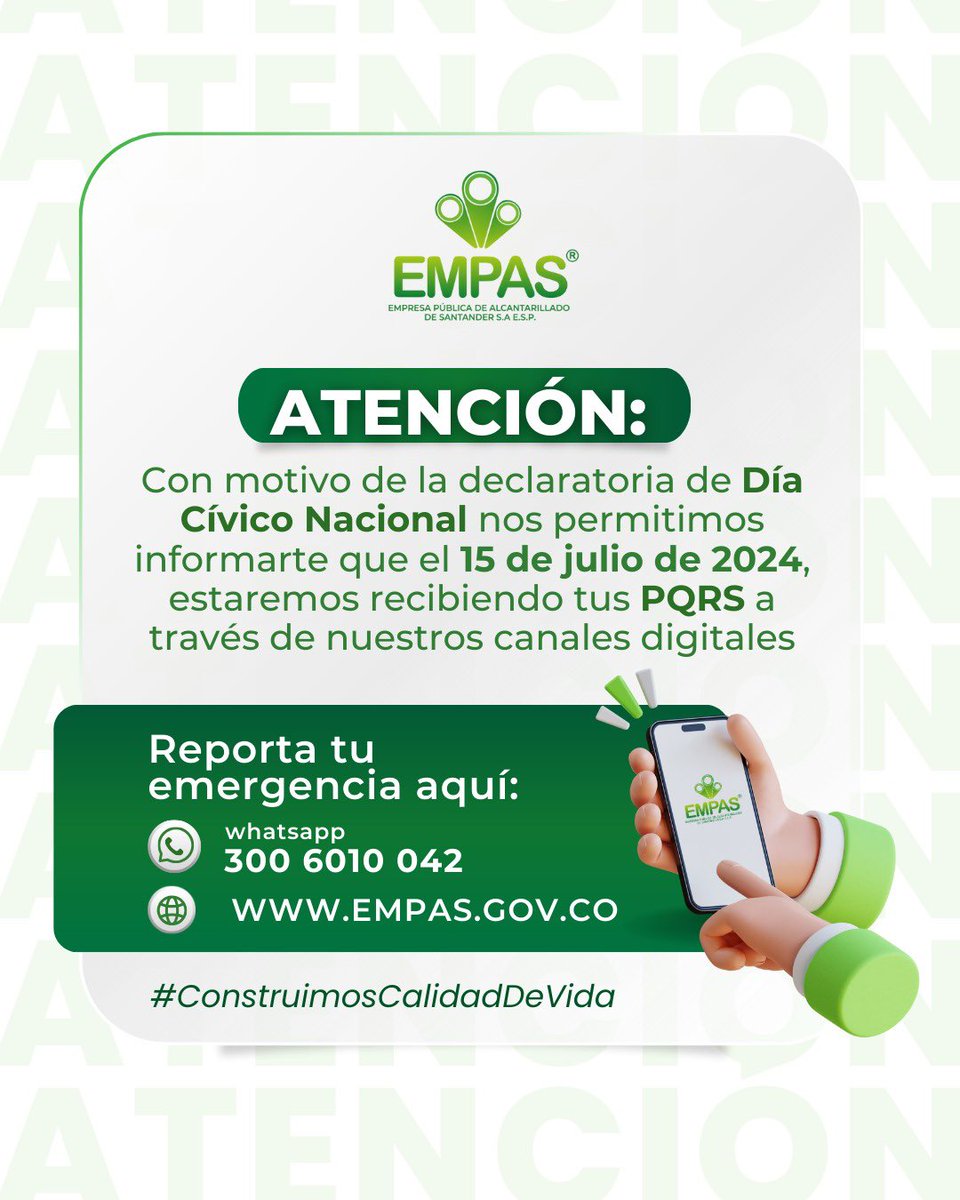 Empassa_Oficial's tweet photo. Acompañamos con orgullo a nuestra @FCFSeleccionCol en final Copa América. Por tal motivo, nos permitimos informar que nos acogemos al día Cívico Nacional decretado para el 15 de julio de 2024.
Atenderemos sus PQRS a través de nuestros canales digitales #contactanos 3006010042 https://t.co/3ApanqOxG6