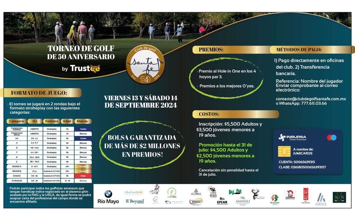 ParBajo's tweet photo. INSCRÍBETE YA Y JUEGA EL MEJOR TORNEO DE MORELOS

“50ta ANIVERSARIO DEL CLUB DE GOLF SANTA FE”

Viernes 13 y 14 de Septiembre 
Club De Golf Santa Fe

#eventosbajopar #clubgolfsantafe #bmwriomayo #bmw #eventika  #gfcar #sunglasses #cancuncards #aries #heineken #cigarroller https://t.co/liLVGF7j7E