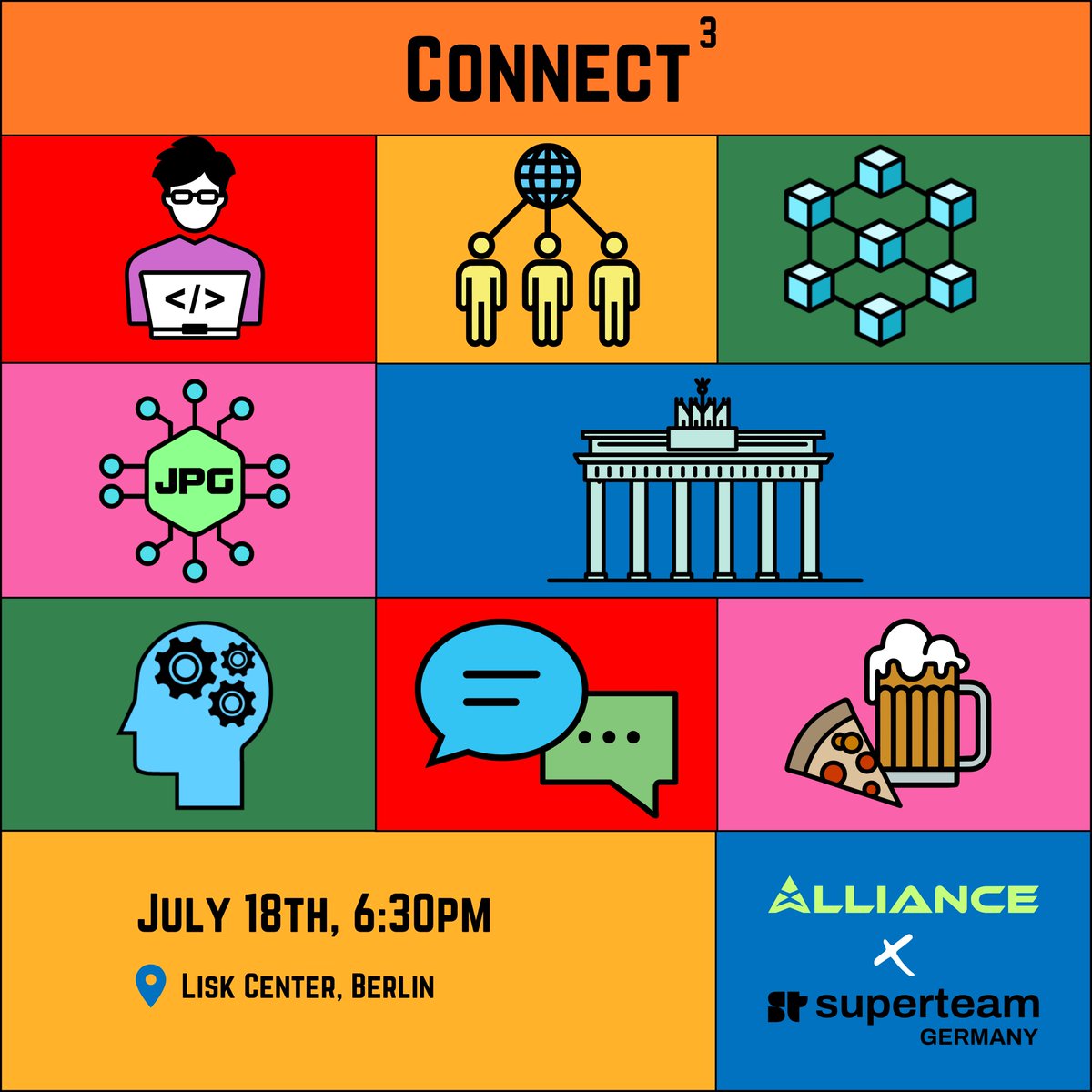 SuperteamDE's tweet photo. Get ready for Connect³

Join us &amp; @xAllianceDAO for a celebration of community, collaboration, and all things web3!

There will be enjoy food, drinks, and fun surprises

📅 Thursday, July 18
⌚️ 18:30
📍 @LiskHQ Center, Berlin https://t.co/FKfnkuOXw1