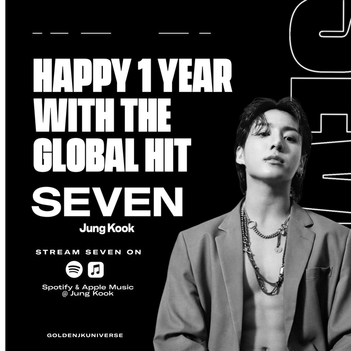 GoldenJKUnivers's tweet photo. Today we celebrate 1 year with Seven!

Jungkook’s song took the world by storm and became one of the biggest hits by a K-act in history. It broke records that any artist would wish to break and solidified Jungkook as a Global Pop Star. 

#1YearWithSeven
 GIANT POP STAR JUNGKOOK https://t.co/rEvXBWlJwC