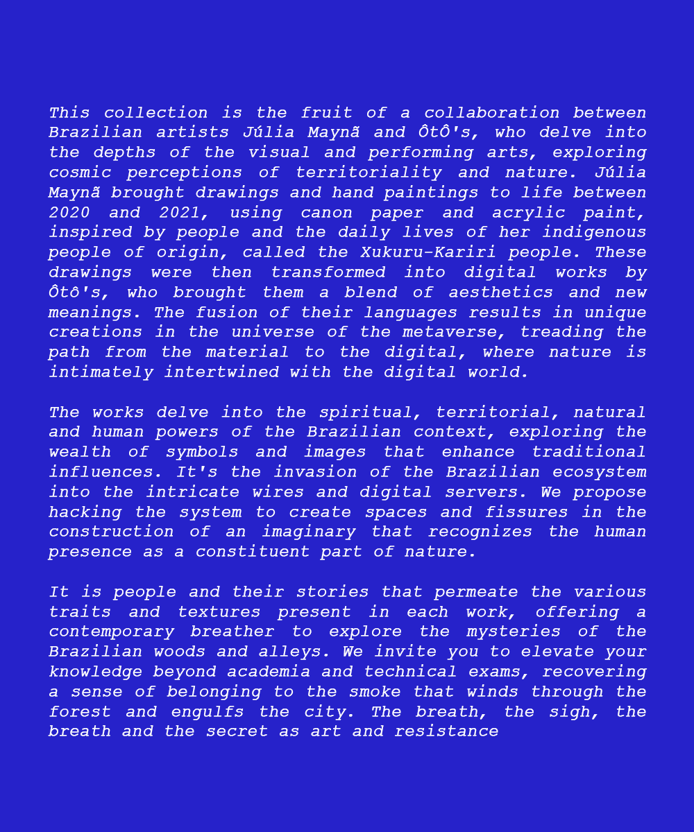 Hey people 🐦‍⬛I wanna introduce to you all my new collection with the amazing <a href="/JuMendes_f/">maynã</a> . We want to bring to metaverso world, the connection of the territory and nature. Inspired in the xukuru-kariri people, we bring this historys to digital world. 
#objkt #NFT #tezos
