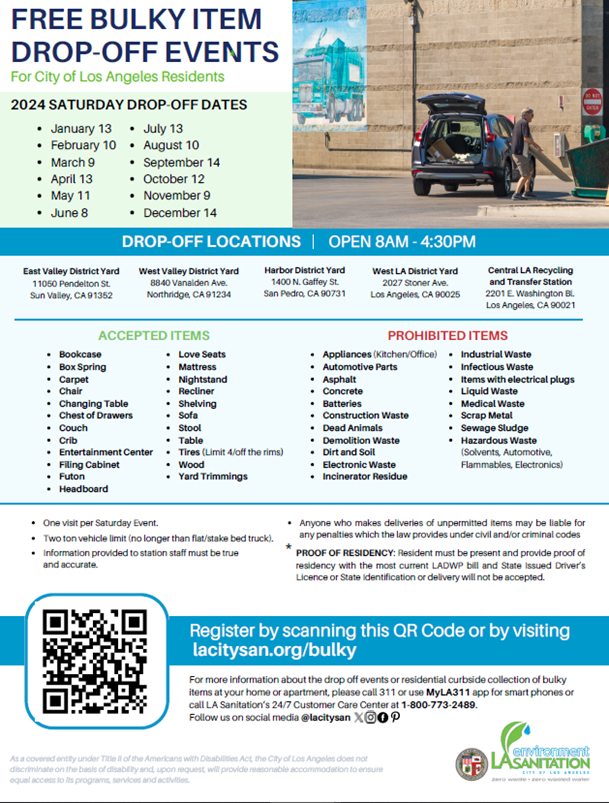 CaltransDist7's tweet photo. Today 8 a.m. - 4:30 p.m. Caltrans & LA Sanitation are providing Free Bulky Item Drop-Off locations throughout Los Angeles. Dispose responsibly and drop your unwanted household items off! Zero litter is the goal! #Caltrans @CAgovernor @CA_Trans_Agency @CaltransHQ ๐๐ฎ https://t.co/ezNM6cQxit