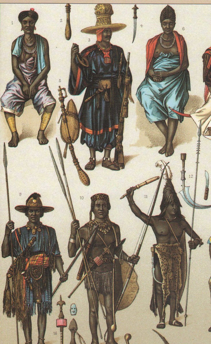 Sahelianist's tweet photo. 1888 Illustration showing different warrior types in Africa.
The 2nd figure of the first row (blue-red uniform man) is a Wolof chief, the 1st figure of the 2nd row (Lance man with brown hat) is a Jola soldier. https://t.co/etbJpFHKIS