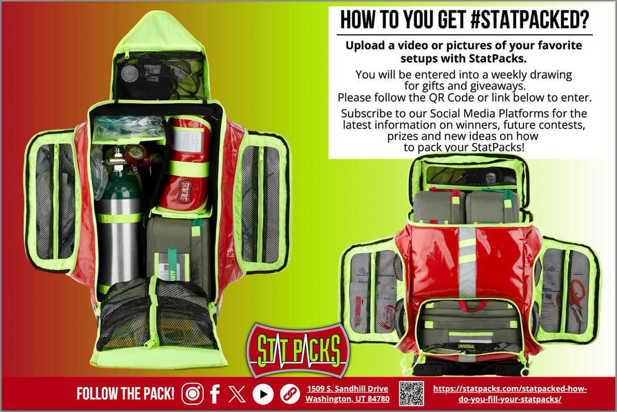 Upload a video or pictures of your favorite setups with Statpacks.

You will be entered into a weekly drawing for gifts and giveaways.

Follow the QR code or 
statpacks.com/statpacked-how…

#firstresponders #statpacked #organized #contest