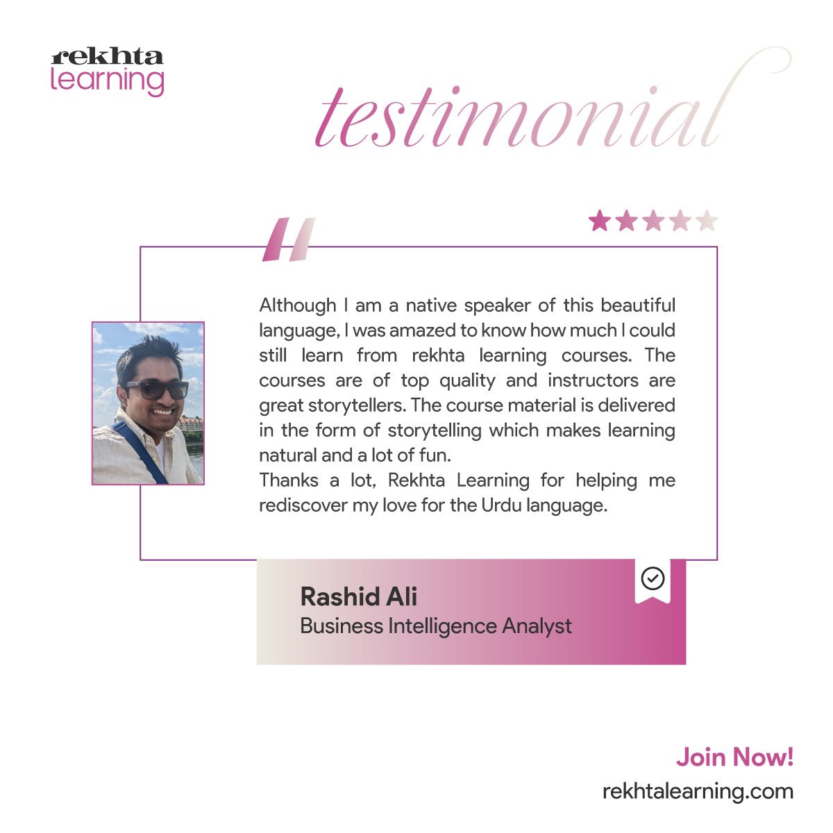 Our learners 😍

Start your journey at rekhtalearning.com 

#testimonials #learners #happy #course #rekhtalearning