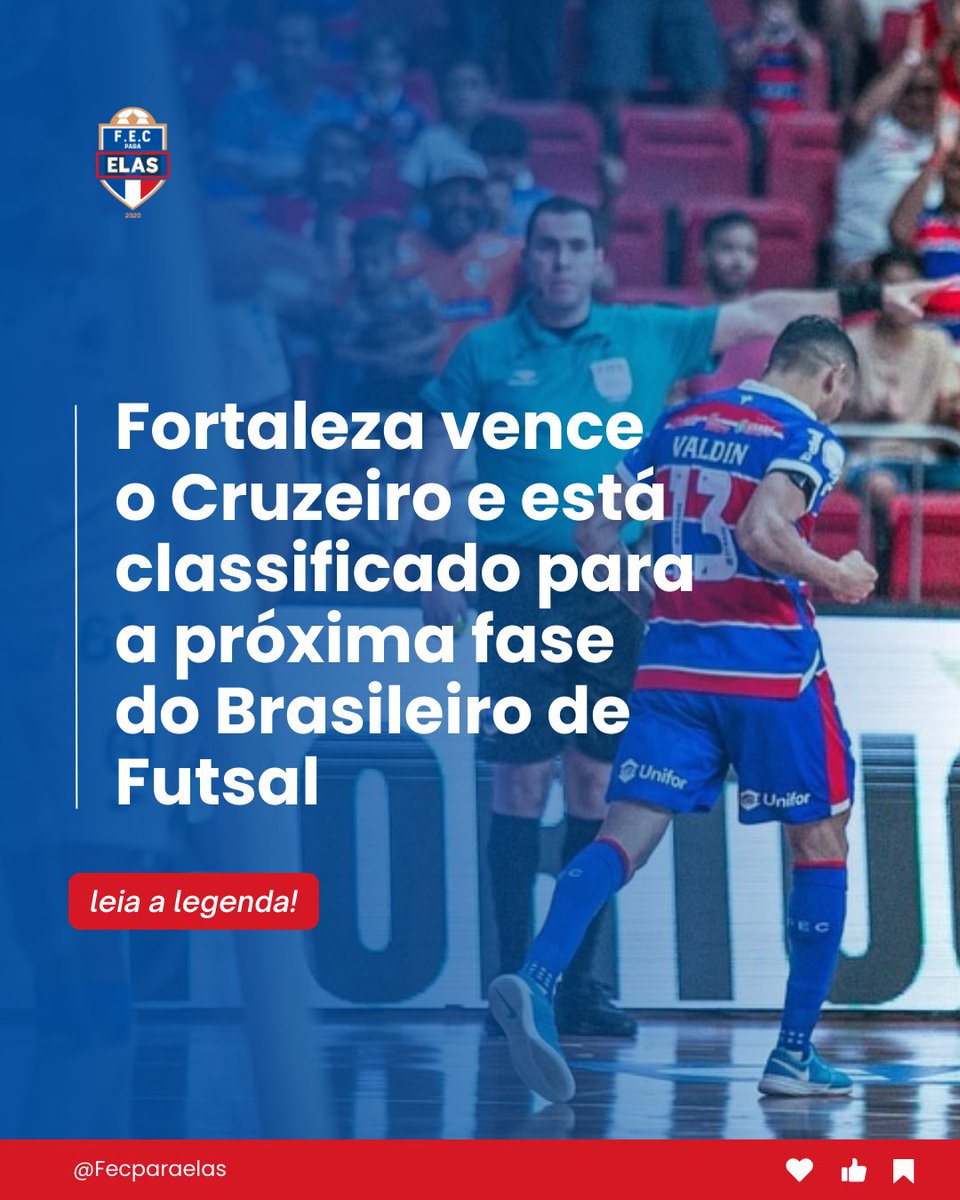 fecparaelas's tweet photo. CLASSIFICADOS! ✅🦁

Na manhã deste sábado (13), o Fortaleza venceu a equipe do Cruzeiro pelo placar de 4x2 e garantiu a classificação para as oitavas de final do Campeonato Brasileiro de Futsal. O Leão agora aguarda a definição do adversário, data e horário.

📸 João Moura https://t.co/k3RntFrj2R