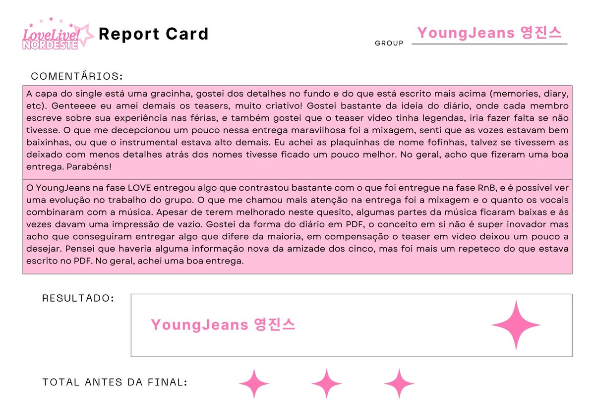 ♡ ⸻ LOVE LIVE! Nordeste

  『 REPORT CARD: YoungJeans <a href="/YoungerJeans/">YoungJeans</a> 』
 ・Segue abaixo o report card do YoungJeans nessa missão・

#LLN #LoveLiveNordeste #5thReportCard