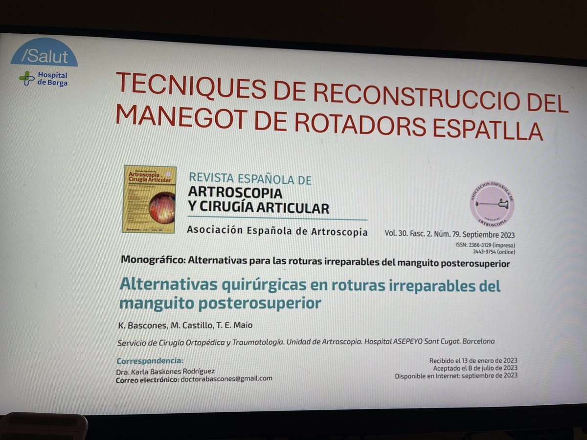 <a href="/HospitaldeBerga/">Hospital de Berga</a> <a href="/PRIFBerga/">PRIFBerga</a> <a href="/sccot_cat/">SCCOT</a> Conclusions sobre técniques reconstrucció manegot rotadors: en pacient < 60 anys: técniques actives i autólogues, i les passives (capsuloplàstia superior) quan l’objectiu és millora funcional i prevenció artropatia en edats 60-75 anys. <a href="/HospitaldeBerga/">Hospital de Berga</a> <a href="/althaiamanresa/">Fundació Althaia</a> #prifberga