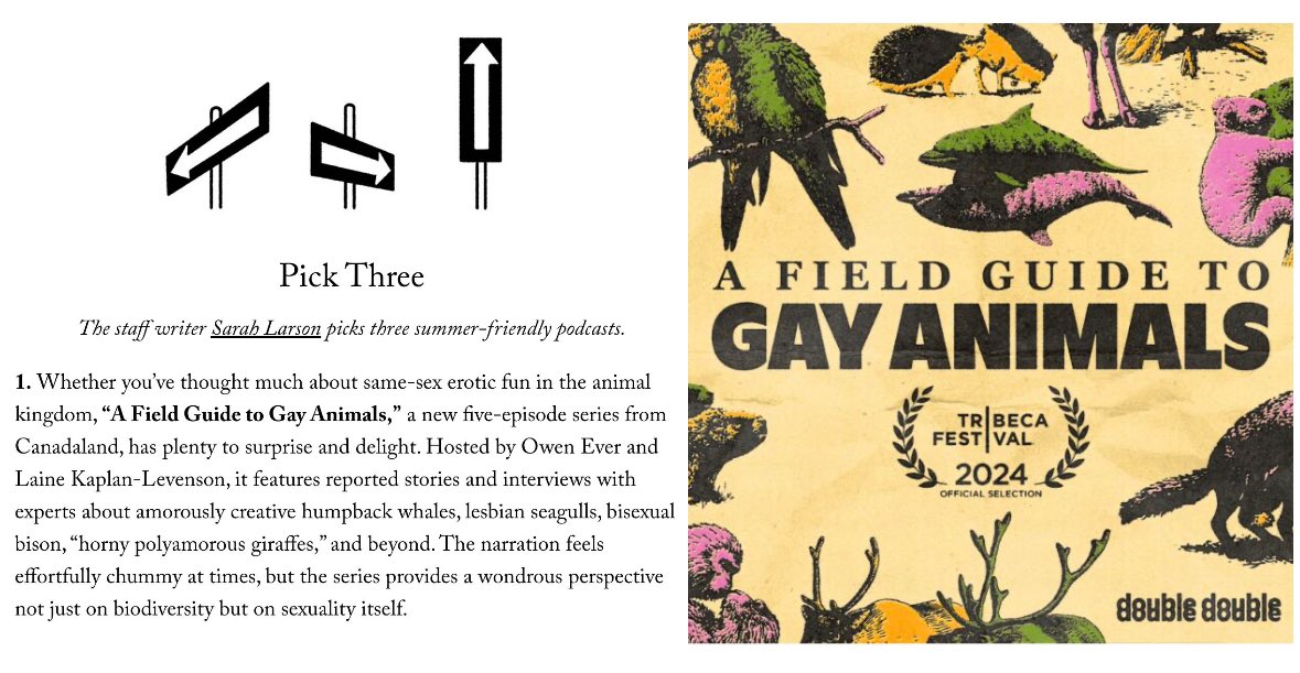 Thank you <a href="/asarahlarson/">Sarah Larson</a> for the thoughtful listen of the <a href="/TribecaAudio/">Tribeca Audio</a> official selection, A Field Guide to Gay Animals!