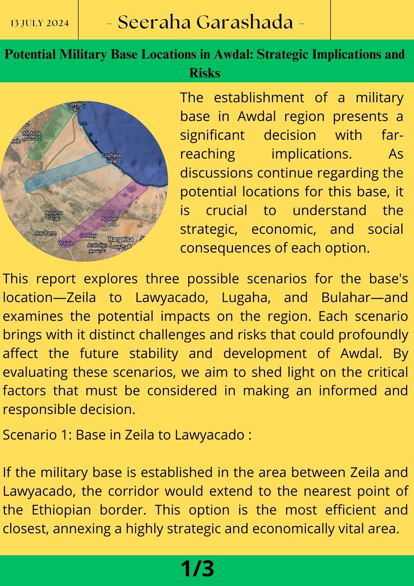 SeerahaG's tweet photo. In addition to the article stating the position on a military base in Awdal, this article presents comprehensive summaries of three different scenarios regarding the potential locations for the military base in Awdal and the associated damages and risks for each.

See you tonight https://t.co/rmfbvh1zIX