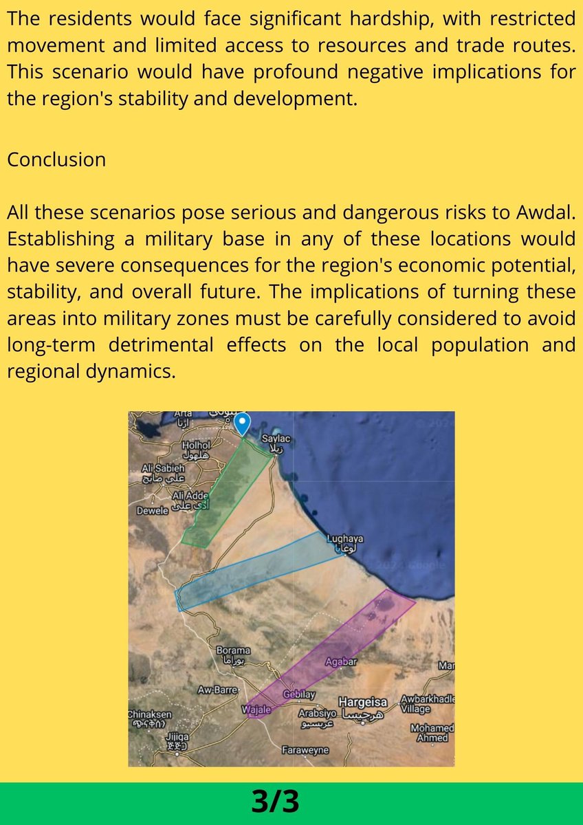 SeerahaG's tweet photo. In addition to the article stating the position on a military base in Awdal, this article presents comprehensive summaries of three different scenarios regarding the potential locations for the military base in Awdal and the associated damages and risks for each.

See you tonight https://t.co/rmfbvh1zIX