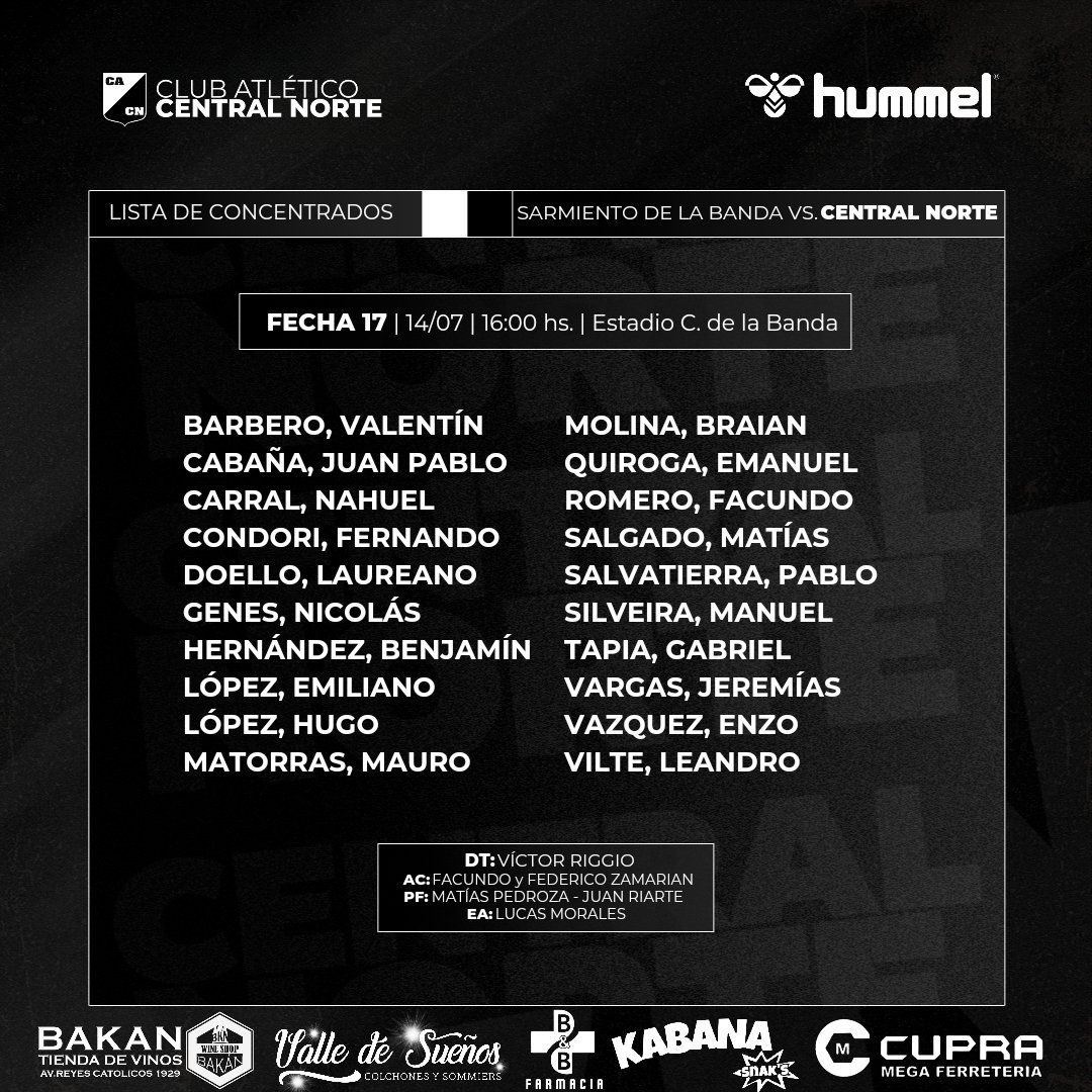 #CentralNorte | Estos son los 20 jugadores que viajan hoy a Santiago del Estero para visitar mañana, a las 16, a #SarmientoLB.

#UnidosSomosMás🐦‍⬛ 
#VamosCentral⚫⚪⚫