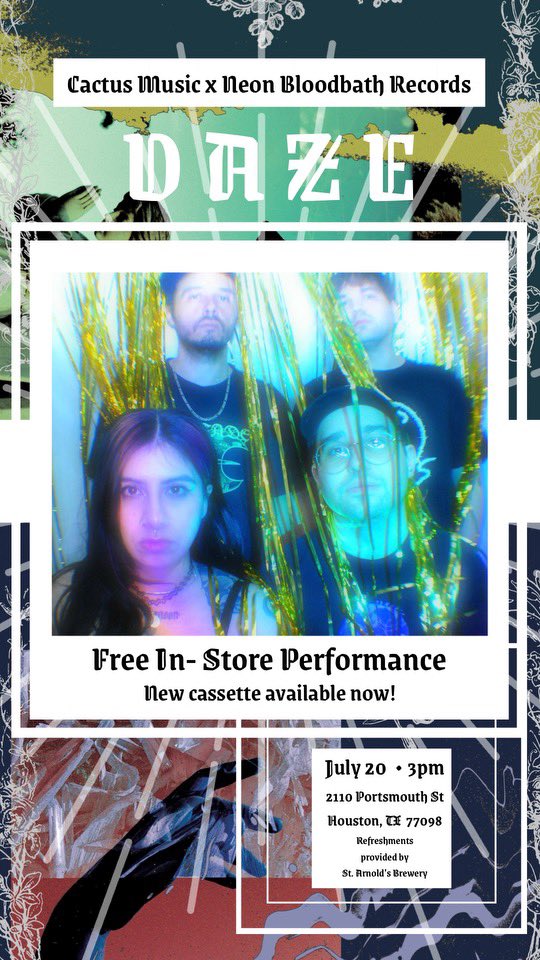 dazetx's tweet photo. Houston is going thru it - so free show at @cactus_music 7/20 @ 3pm 🌀 
•
Cassette release /// support local yall https://t.co/h8Hee839dB