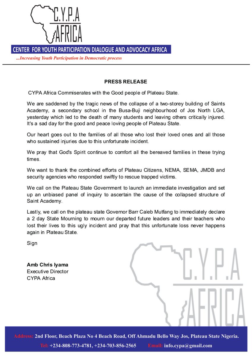 CypaAfrica's tweet photo. Our hearts go out to the people of Plateau State as they go through this challenging time. May you find comfort and healing.
@officialABAT @SenRemiTinubu @save_children @UNICEF_Nigeria @CalebMutfwang @JMDBofficial @UN https://t.co/UT5MFng3CL