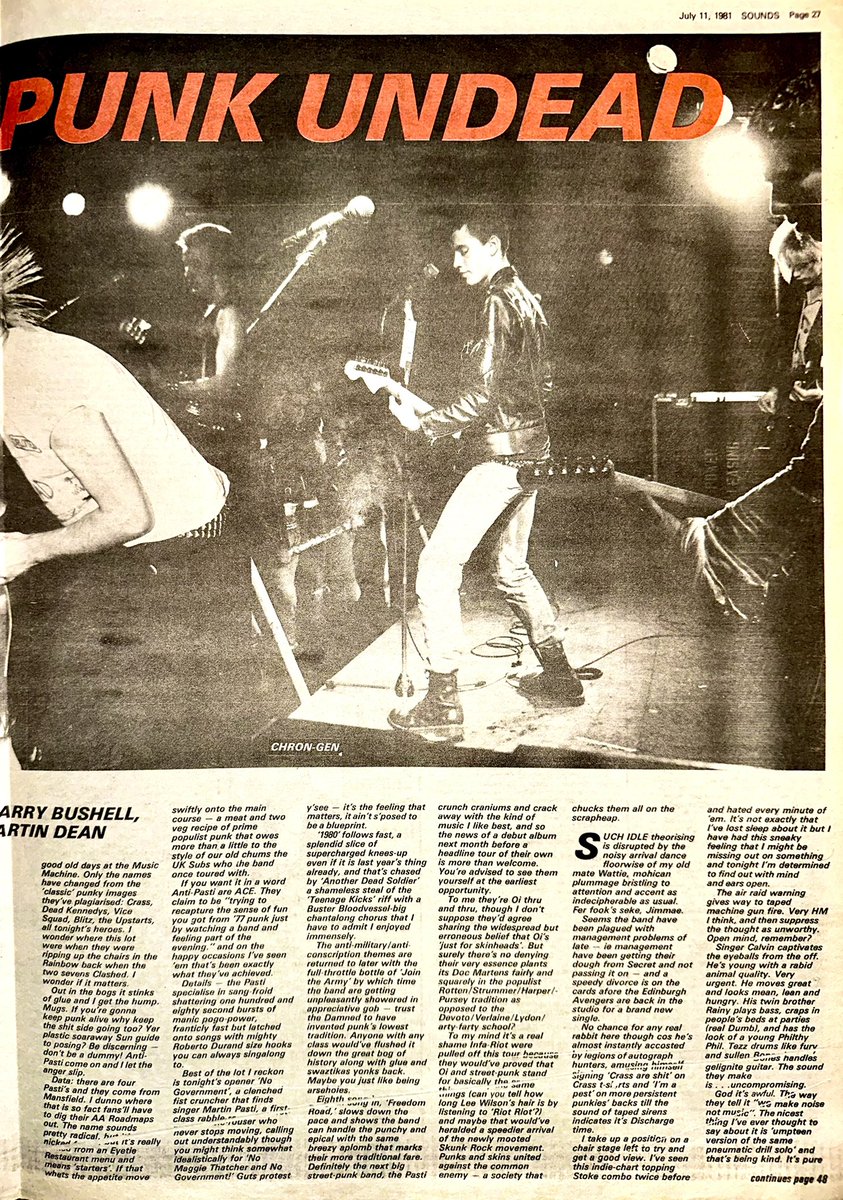 ZoundsAbound's tweet photo. A seismic occurrence emanating from Manchester Poly, is reported on here by Garry Bushell for this week’s cover feature.
@ExploitedBand @realDISCHARGE @AntiPastiPunk & #ChronGen were at the scene & #WattieBuchan is front and centre!
Sounds Jul 11th 1981 https://t.co/bccxYKZWWl
