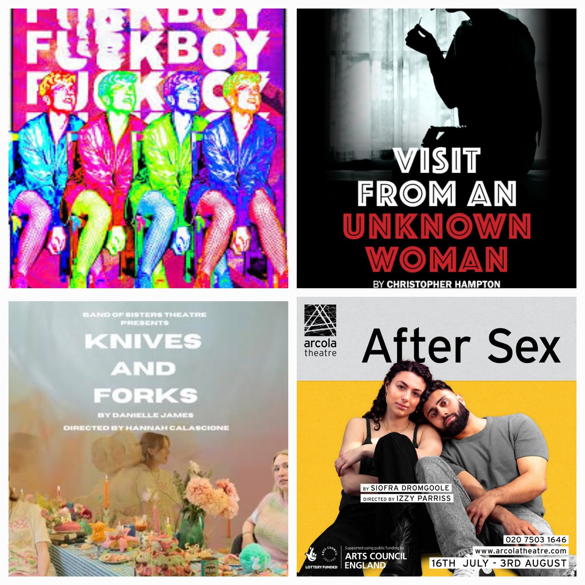 loureviewsblog's tweet image. The coming week's theatre looks like this:

F*ckboy / Knives &amp;amp; Forks  @RiversideLondon #Bitesize

Visit from an Unknown Woman @Hamps_Theatre 

After Sex @arcolatheatre 

Many thanks to relevant PRs

&amp;amp; heading to Ealing Comedy Festival's Gala for my birthday 😀