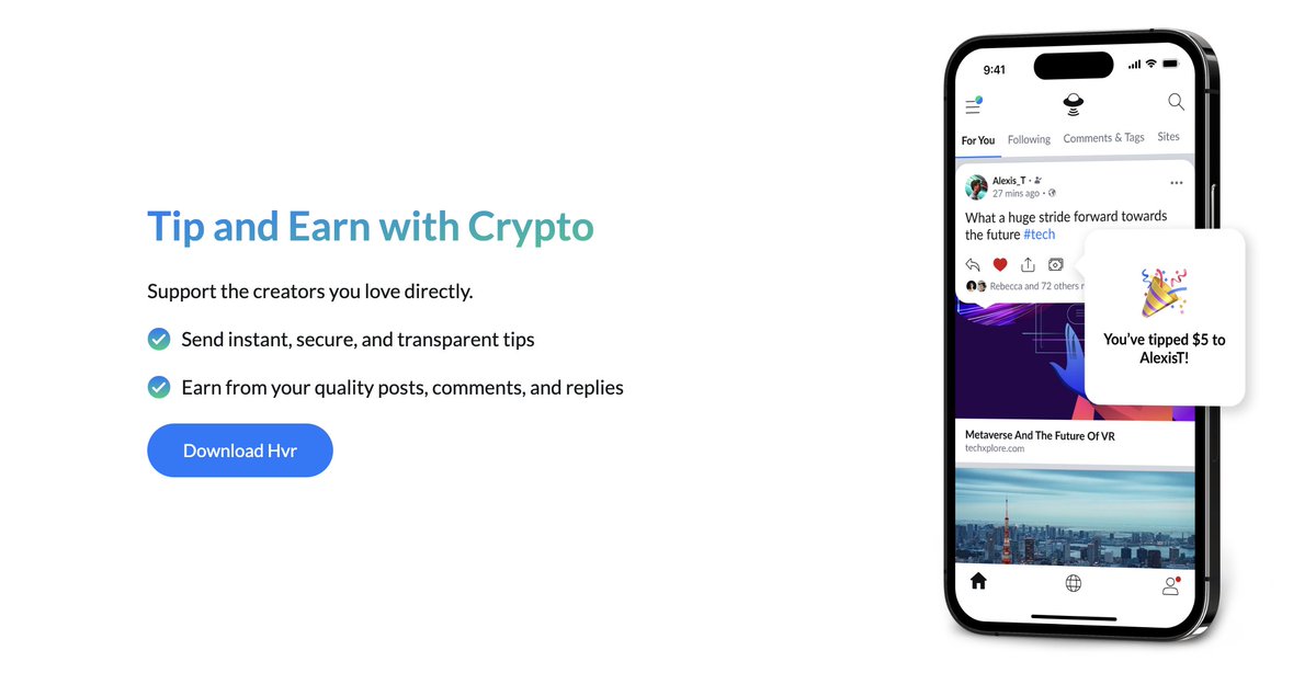 The @Hvr_Browser has integrated @GetCode to enable users to seamlessly send tips with $KIN 

Discover a reimagined web where you own and earn from your content and communities. Hvr is the social browser.

Download the app today at Hvr.World