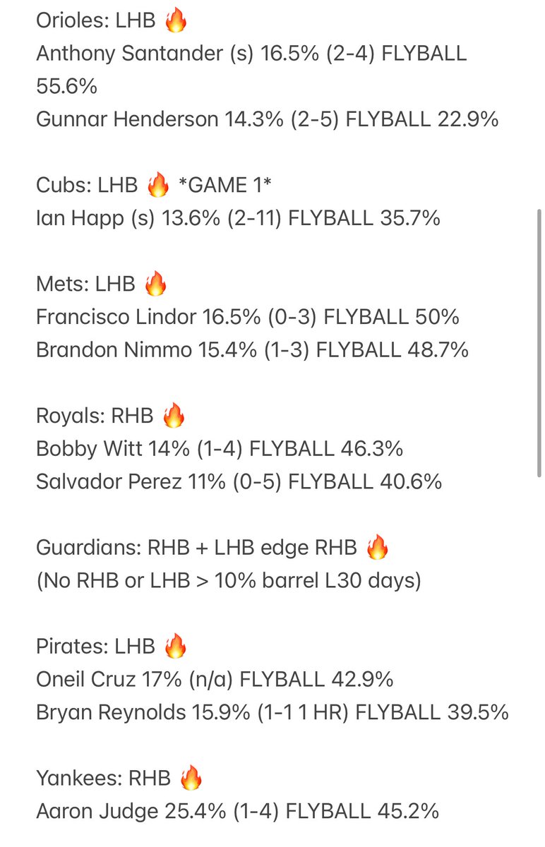 sports4casuals's tweet photo. Information is as followed. 

This is combining information that posts to see barrel % by pitcher for the last month combined with barrel % > 10 for hitters in the past 30 days

The “🔥” stands for what side of the plate pitchers are struggling with

The ()* stands for previous matchups between hitter and pitcher

The % stands for the hitters barrel rate in the last 30 days

FLYBALL% L2 weeks