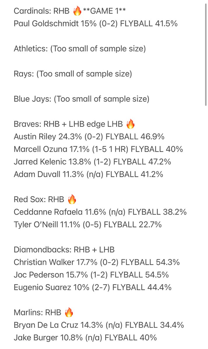 sports4casuals's tweet photo. Information is as followed. 

This is combining information that posts to see barrel % by pitcher for the last month combined with barrel % > 10 for hitters in the past 30 days

The “🔥” stands for what side of the plate pitchers are struggling with

The ()* stands for previous matchups between hitter and pitcher

The % stands for the hitters barrel rate in the last 30 days

FLYBALL% L2 weeks
