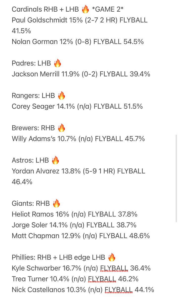 sports4casuals's tweet photo. Information is as followed. 

This is combining information that posts to see barrel % by pitcher for the last month combined with barrel % > 10 for hitters in the past 30 days

The “🔥” stands for what side of the plate pitchers are struggling with

The ()* stands for previous matchups between hitter and pitcher

The % stands for the hitters barrel rate in the last 30 days

FLYBALL% L2 weeks