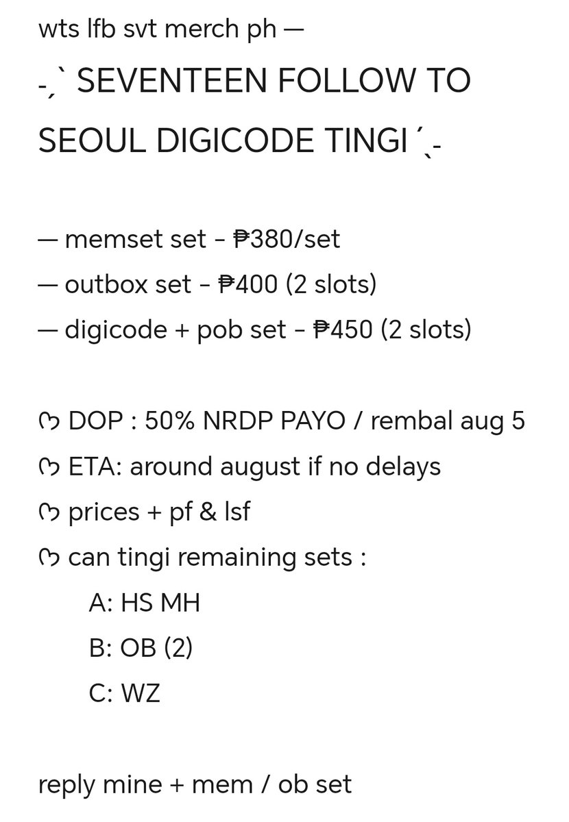 yuu_ynwa's tweet photo. wts lfb svt merch ph — hosting hatian w @selleartshine

˗ˏˋ SEVENTEEN FOLLOW TO SEOUL DIGICODE TINGI ´ˎ˗

avail: OB SET (2 slots), HS, WZ, MH
— can tingi remaining memsets
— secured

ᡣ𐭩 see pictures for more information 

reply mine + mem / ob to claim

help rt din po >< tysm ! https://t.co/KCq8d642sm