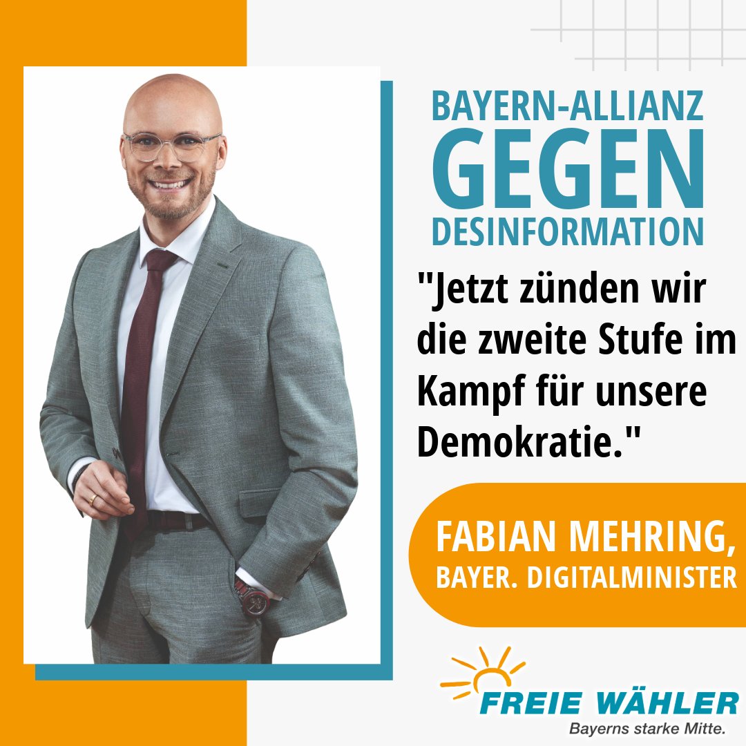 fw_bayern's tweet photo. 🚀💪

Falsch- und #Desinformation sind laut Weltwirtschaftsforum das größte Risiko der kommenden Jahre.

🗣️@FabianMehring: "Mit der Bayern-Allianz gegen Desinformation verfolgen wir ein zentrales Ziel: Den Urhebern von #Falschmeldungen im Internet die Stirn bieten."

#FREIEWÄHLER https://t.co/H6nY14yfv4