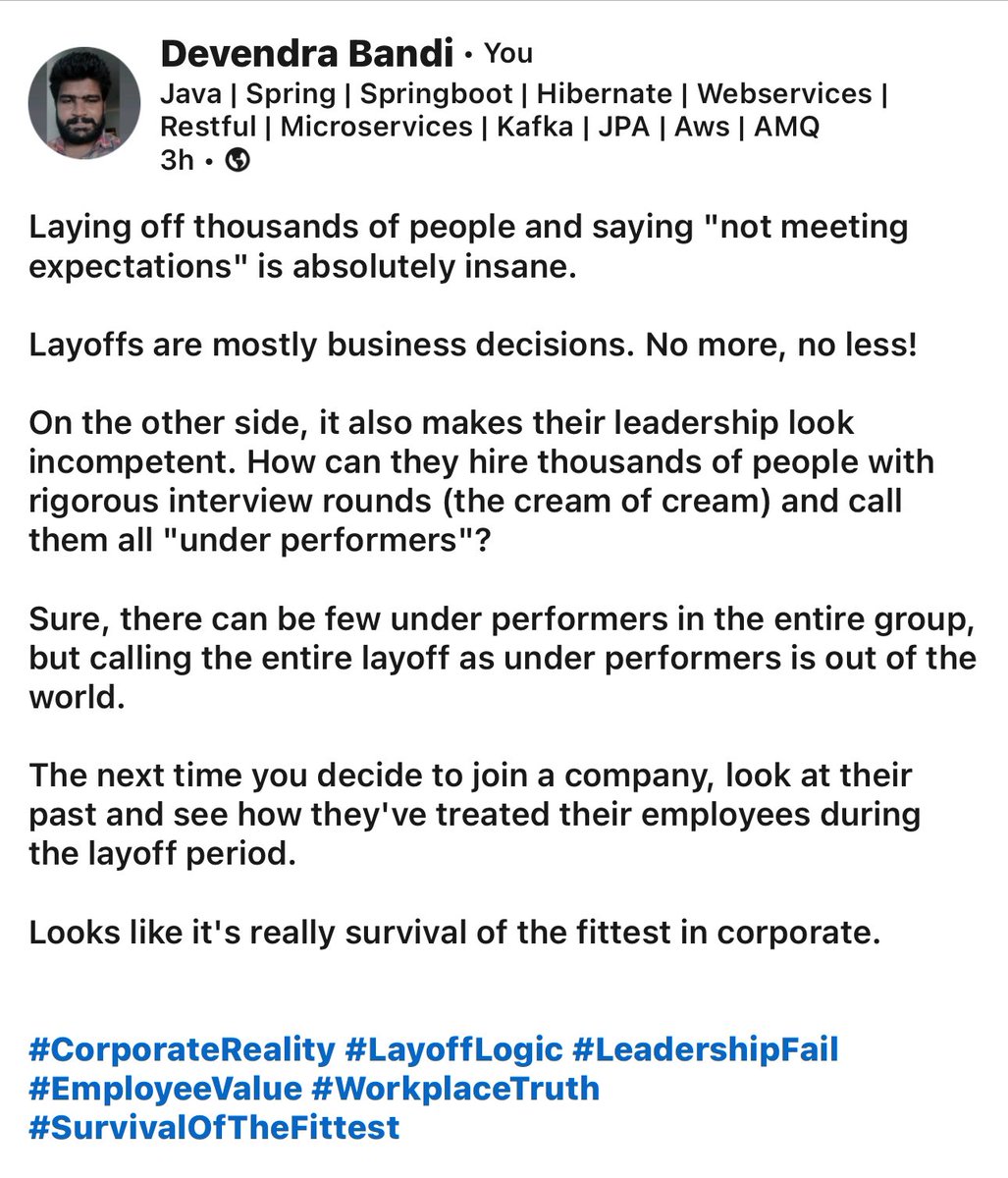 devendra_bandi's tweet photo. Looks like it's really survival of the fittest in corporate.

#CorporateReality #LayoffLogic #LeadershipFail #EmployeeValue #WorkplaceTruth #SurvivalOfTheFittest https://t.co/wv0MiNX6rO