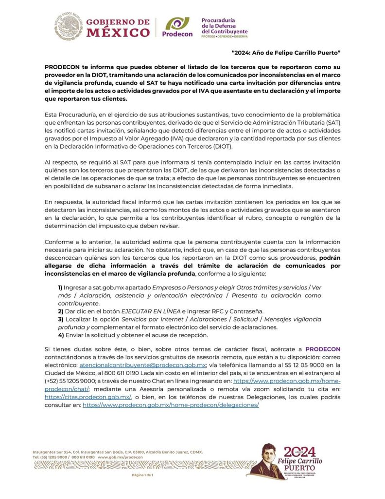🚨 Atención Contribuyentes 🚨

¿El SAT te envío algún comunicado con diferencias contra lo declarado en IVA?

#PRODECON te informa que ya puedes obtener el listado de terceros que te reportaron en la #DIOT y aclarar inconsistencias con el #SAT. ¡Sigue los pasos en línea y mantén
