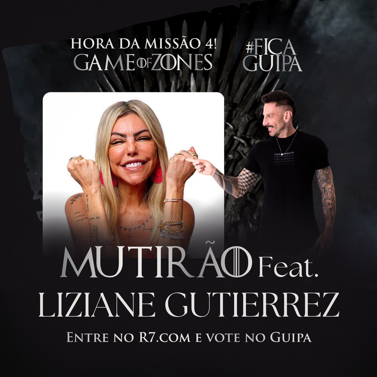 💎 MUTIRÃO INICIADO! 💎 feat. <a href="/lizianetierrez/">Liziane Gutierrez 🎰</a> 

📲 A cada 10 votos comente UM EMOJI aleatório aqui.

🚨 O voto é para PERMANECER NO JOGO, portanto votem na opção “GUIPA”.

⚠️ FOCO NO R7!

⏰ ENCERRA AS 19H!

Link: interacao.r7.com/a-grande-conqu…

#FicaGuipa #AGrandeConquista
