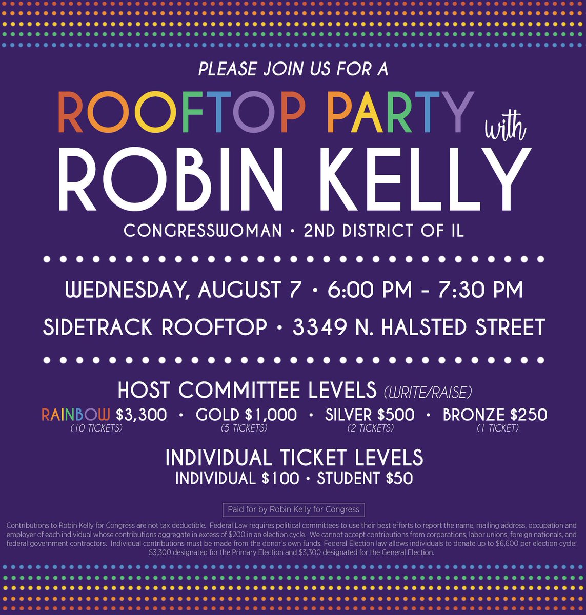 RobinLynneKelly's tweet photo. Join us on August 7th for a Rooftop Party supporting Congresswoman @RobinLynneKelly at @sidetrackbar Sidetrack - The Video Bar.

Purchase tickets by clicking the following link: https://t.co/dZei55zpIN https://t.co/lt4EbDmaxF