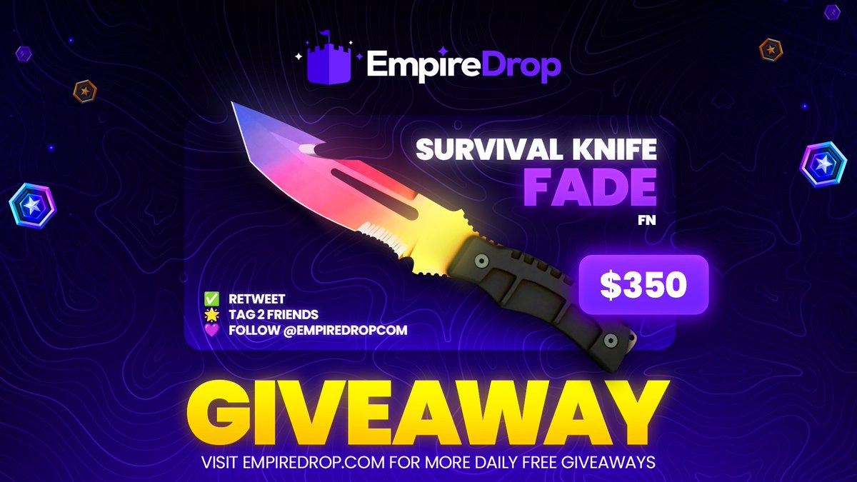 CSGOhistories's tweet photo. 🎁SURVIVAL KNIFE FADE ($350)🎁 

💠1 knife - 1x winner💠

HOW TO ENTER:
-Follow @empiredrop and @CSGOhistories
-Like and RT the post
-Tag 2 friends 

Ends in 7 days
 - Good Luck!🍀 https://t.co/XklpKIx90s