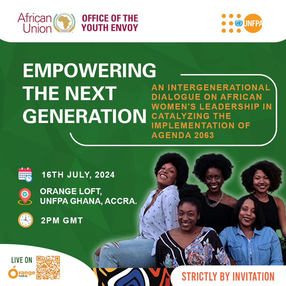 UNFPAGhana's tweet photo. The @AU_YouthEnvoy, Ms.  @ChidoCleoMpemba and UNFPA Ghana will be hosting an intergenerational dialogue on African Women's Leadership on 16th July.
This promises to be amazing! Together, we're empowering the next generation of women leaders.

#Agenda2063
#Womenempowermennt https://t.co/pxJI1LZG3g