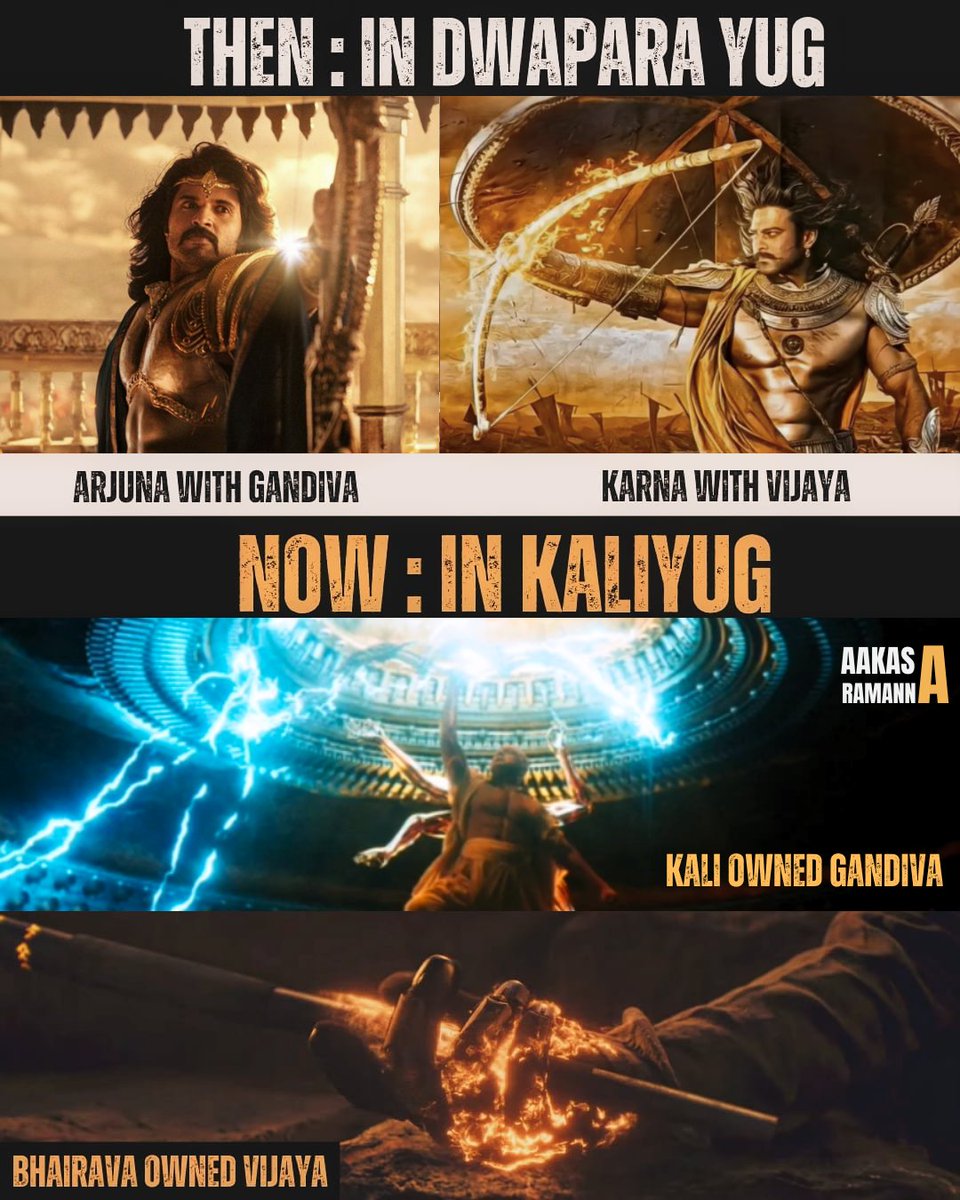 Aakasa_Ramanna_'s tweet photo. In DWAPARYUG #Gandiava was with #Arjuna who stands on the side of #Dharma &amp; #Vijaya is with #Karna who stands on the side of #Adharma 
 Now in KALIYUG #Gandiva is with #yaskin who stands on the side of #Adharma and #Vijaya is with #Bhairava 
Now what's gonna happen
 @nagashwin7 https://t.co/B0E2GHI0Y3
