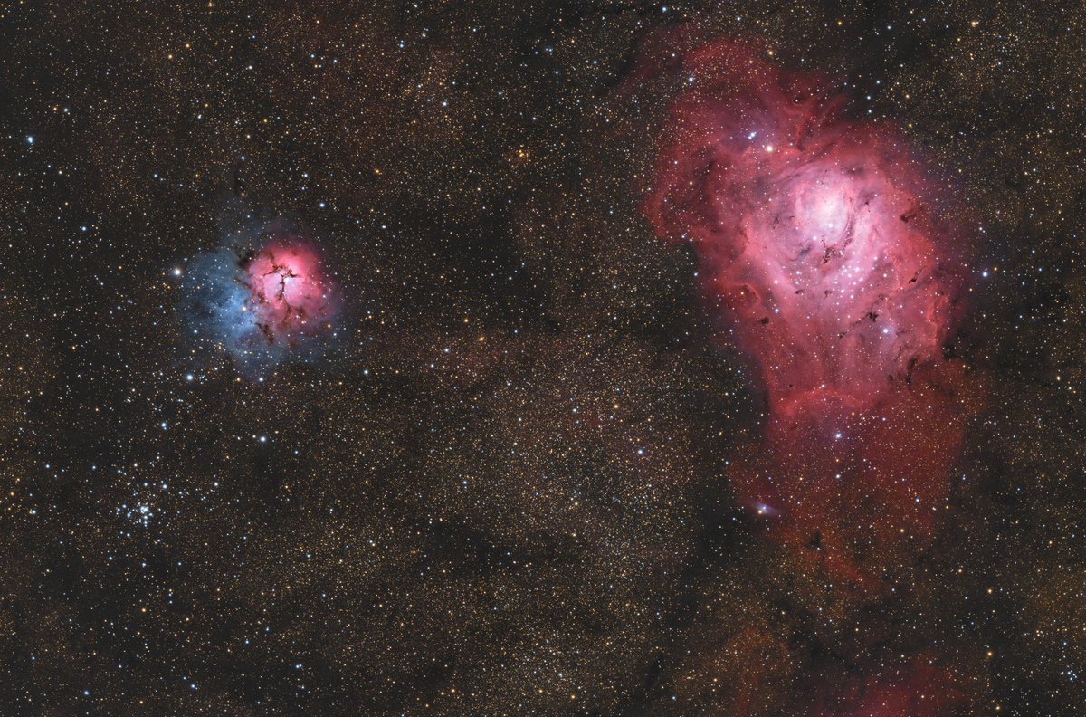 Erniej270's tweet photo. Here's my latest image. Captured from my neighbor's yard (because this target doesn't clear the trees from my house). M8, M20, and M21. Details in the this blog: https://t.co/lMTtzq7Kij #Space #Astronomy #Astrophotography #ZWO #ZWOASI2600MCPro #SkyWatcherUSA #ExploreScientific https://t.co/BCHEQUuSLx