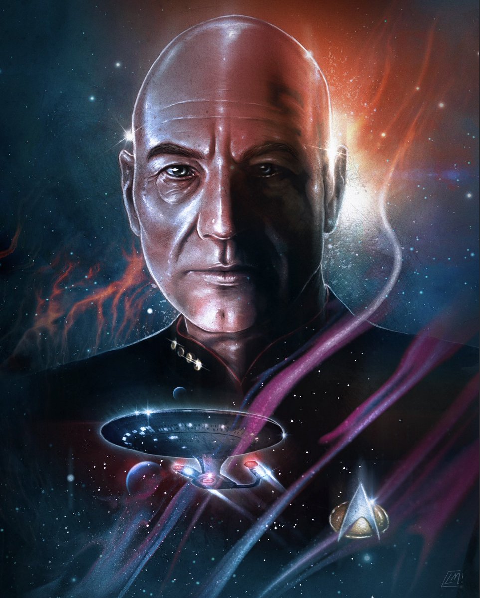 lazmarquez's tweet photo. As a child, I had some difficult family issues &amp; an escape for that was watching TV/Films. Patrick Stewart was a proxy for a father figure &amp; today I wish him the happiest of birthdays. @SirPatStew 

Portrait by yours truly. 🖖🏽 https://t.co/zYjzwjA3Rd
