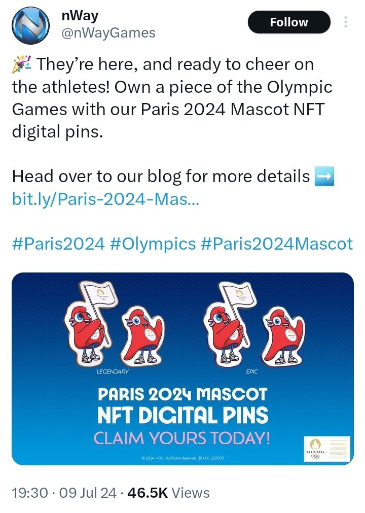 Soheil_SBabaei's tweet photo. In a few weeks, the #SummerOlympics2024 will begin in #Paris and to celebrate the event, the digital pins #NFTs of the mascot have been launched on #Base.
#NFT
The news was given directly by #nWay, the division of #AnimocaBrands that deals with #Web3. https://t.co/UIdIZayt5Y
