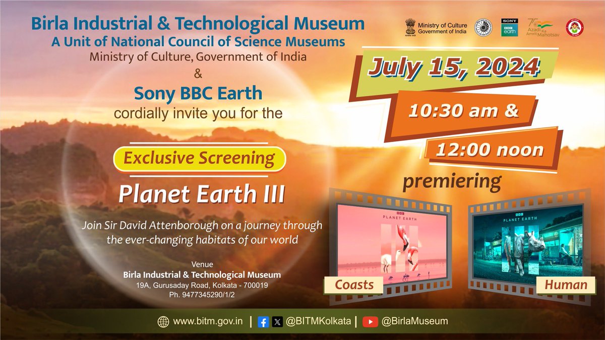 ncsmgoi's tweet photo. Join @BITMKolkata, a unit of @ncsmgoi, @MinOfCultureGoI and @SonyBBCEarth, for the #ExclusiveScreening of ๐๐ฅ๐๐ง๐๐ญ ๐๐๐ซ๐ญ๐ก ๐๐๐, premiering ๐๐จ๐๐ฌ๐ญ๐ฌ and ๐๐ฎ๐ฆ๐๐ง.
๐ BITM, Kolkata
๐
July 15, 2024
#FilmScreening #Invitation #PlanetEarth #FilmShow #Habitats https://t.co/rwRQkRJPEO