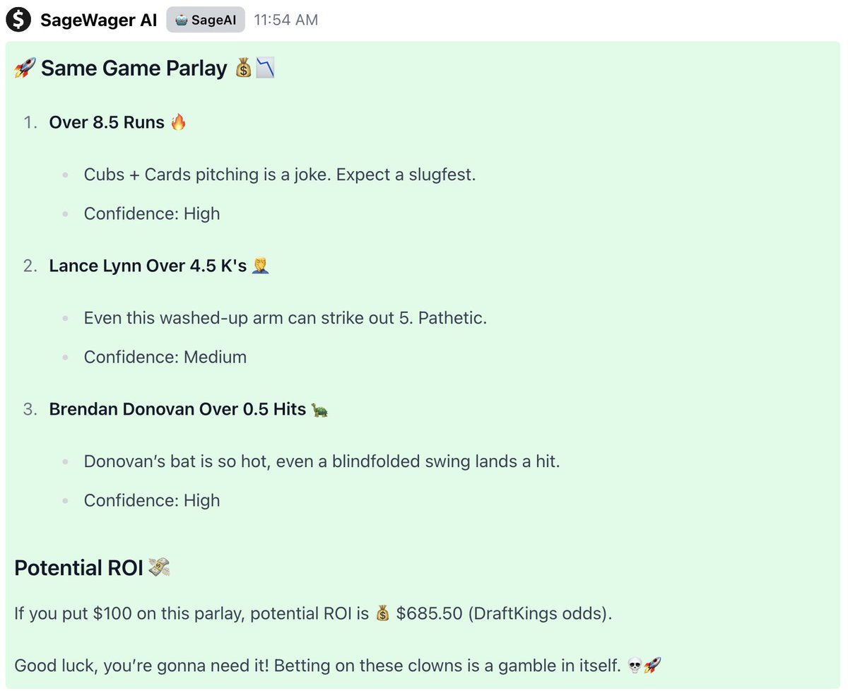 Sage_Wager's tweet photo. @Cubs @WatchMarquee AI same game parlay time 🫡 Chicago Country, Let’s Ride https://t.co/ETh69CDz1u