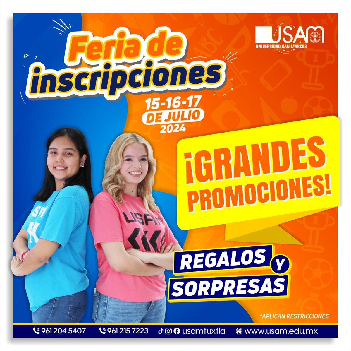 USAMTUX's tweet photo. ¿𝐀𝐮́𝐧 𝐧𝐨 𝐭𝐞 𝐢𝐧𝐬𝐜𝐫𝐢𝐛𝐞𝐬 𝐚 𝐮𝐧𝐚 𝐋𝐢𝐜𝐞𝐧𝐜𝐢𝐚𝐭𝐮𝐫𝐚, 𝐌𝐚𝐞𝐬𝐭𝐫𝐢́𝐚 𝐨 𝐃𝐨𝐜𝐭𝐨𝐫𝐚𝐝𝐨? ¡𝐔𝐧𝐢𝐯𝐞𝐫𝐬𝐢𝐝𝐚𝐝 𝐒𝐚𝐧 𝐌𝐚𝐫𝐜𝐨𝐬 𝐓𝐮𝐱𝐭𝐥𝐚 extiende su F𝐞𝐫𝐢𝐚 𝐝𝐞 𝐢𝐧𝐬𝐜𝐫𝐢𝐩𝐜𝐢𝐨𝐧𝐞𝐬 los días 𝟏𝟓, 𝟏𝟔 𝐲 𝟏𝟕 𝐝𝐞 𝐣𝐮𝐥𝐢𝐨 2024 https://t.co/Z95w1xcSjc