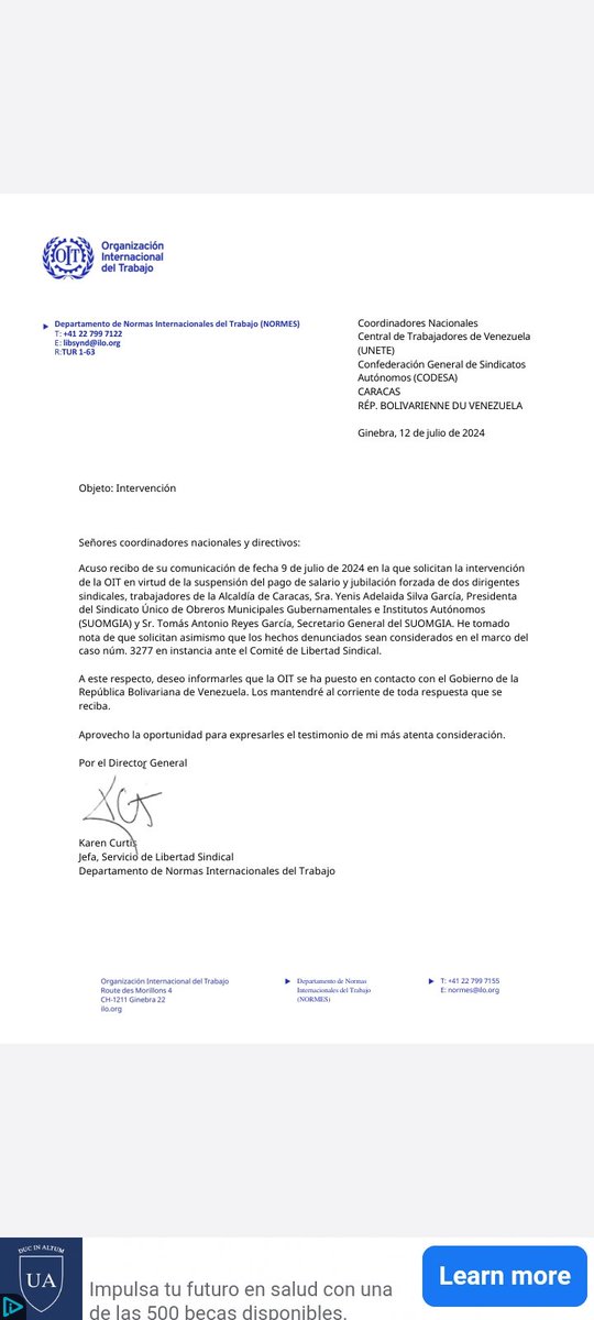 #13Julio organización internacional del trabajo <a href="/OITAmericas/">OIT Américas</a> envía acuse de recibo a centrales sindicales del pais en cuanto a la solicitud de  atención inmediata referido a jubilaciones Forzadas por parte de la alcaldía de Caracas a directivos sindicales <a href="/suomgia/">SUOMGIA DCML</a>