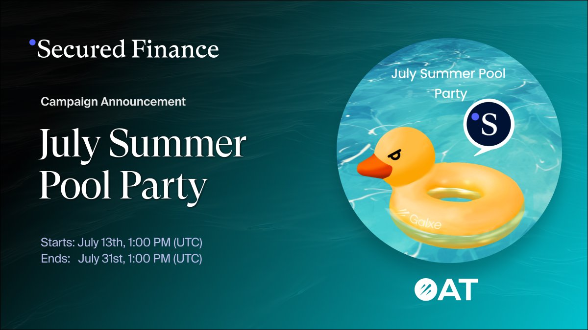 Secured_Fi's tweet photo. Dive into July Summer Pool Party! 🐬

Complete all tasks to earn a special #OAT, and get a chance to join the $5,000 raffle by @Galxe and the 500 USDC raffle by @Secured_Fi. 🎊

Join the campaign now via the link below! 👇

https://t.co/kAXxteeclA https://t.co/ziOatLu3LG