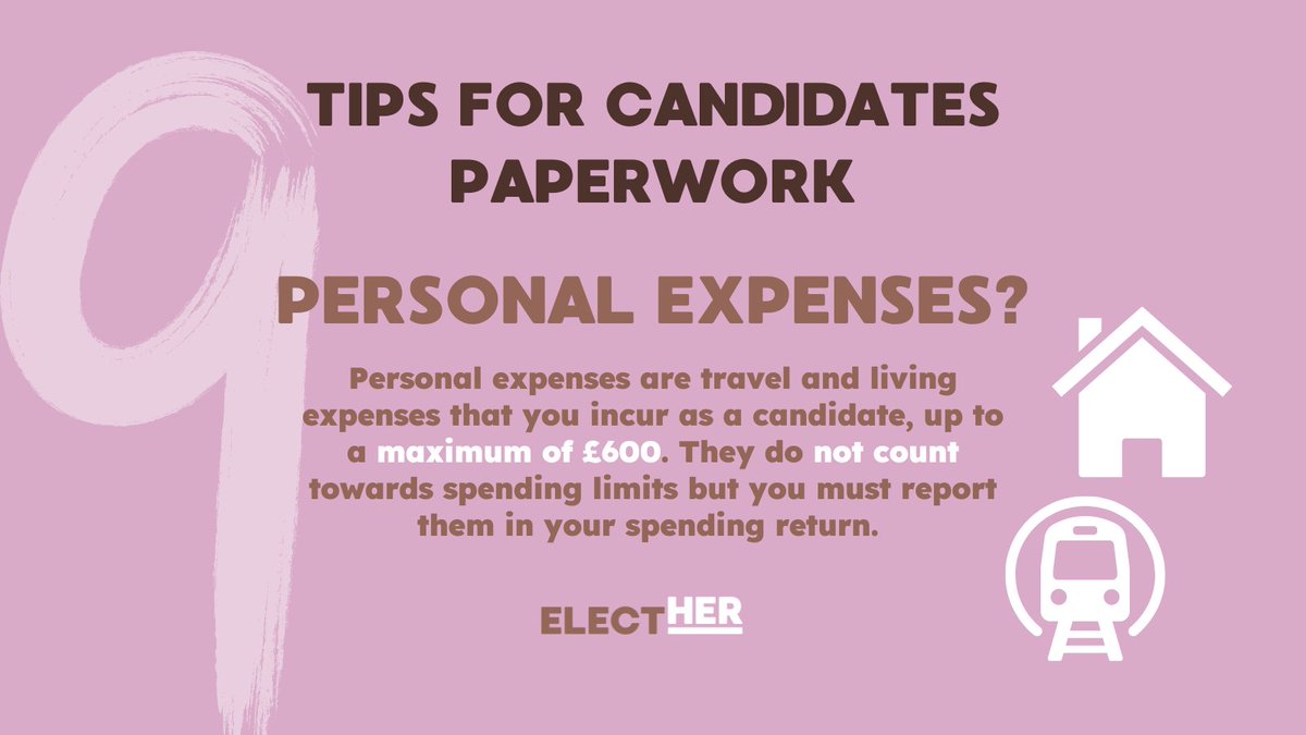ElectHer_UK's tweet photo. #Tip9 Personal expenses? 💰
Personal expenses are travel and living expenses that you incur as a candidate, up to a maximum of £600. They don't count towards spending limits but you must report them in your spending return. 🙌
➡️ For more information - https://t.co/5g7hRbmeNh https://t.co/tXJSydCIk4