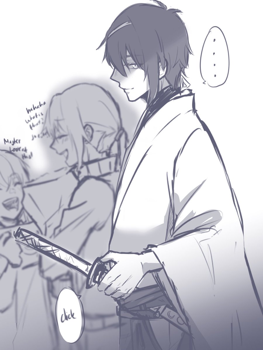 一年前描いたみかさに

じじの前に主を悪口するとき

Drew this a year ago! 
If you badmouth aruji in front of jiji 

※顔あり審神者 