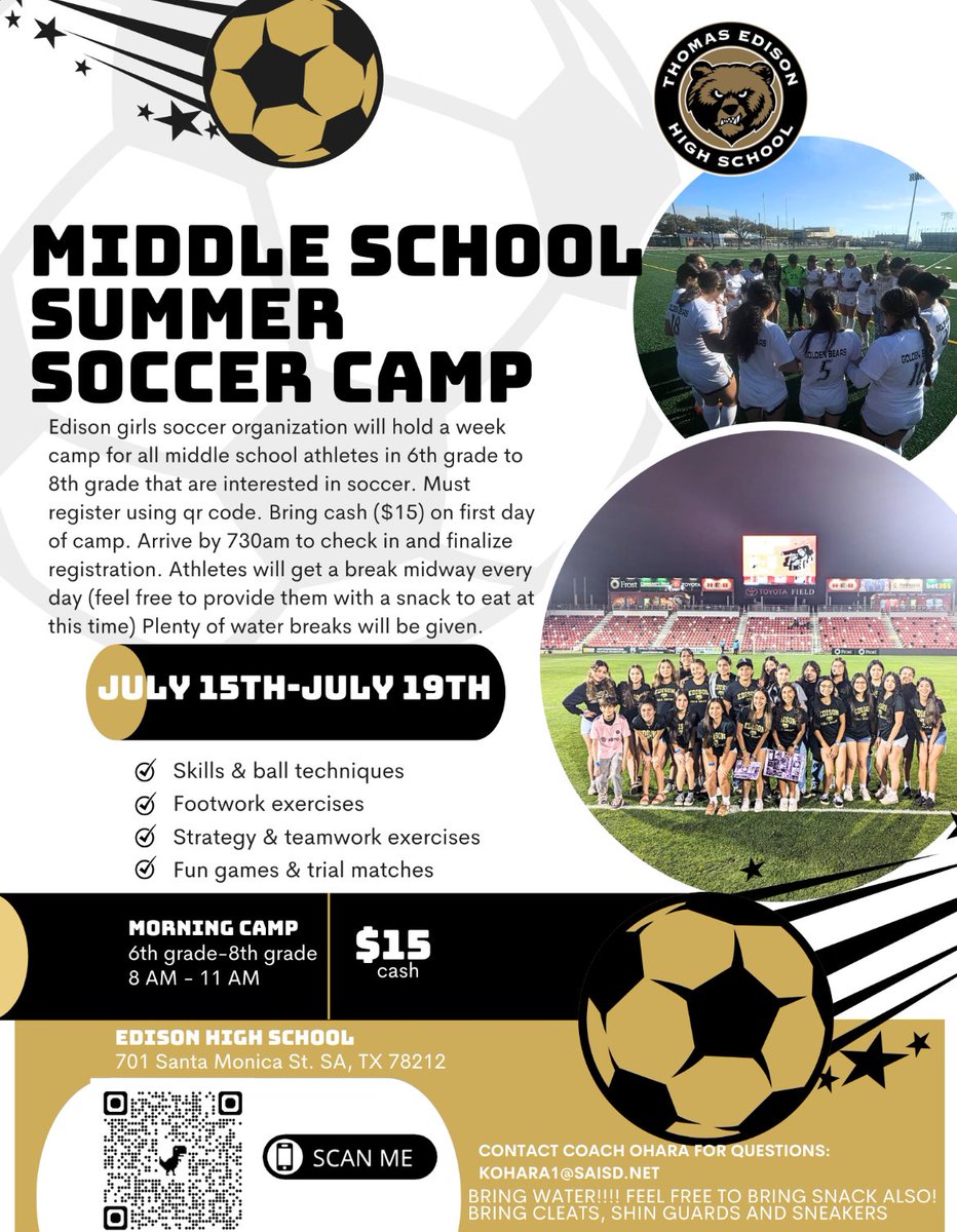 Edison girls' soccer organization will be holding their 1st annual middle school soccer camp (July 15th-July 19th). We are aware there were some difficulties registering before, but we fixed our issue. Please sign your son or daughter up. See you on the field! ⚽️