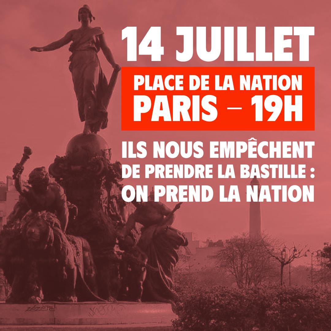 LouisBoyard's tweet photo. 🚨Macron n’a pas le droit de voler cette élection ou de nous interdire de manifester.

Pourtant la préfecture de Paris veut empêcher le rassemblement du 14 juillet Place de la Bastille.

Il empêche de prendre la Bastille ?
On prend la Nation.

➡️Rdv demain 19h Place de la Nation. https://t.co/4Q5KUgyzU6