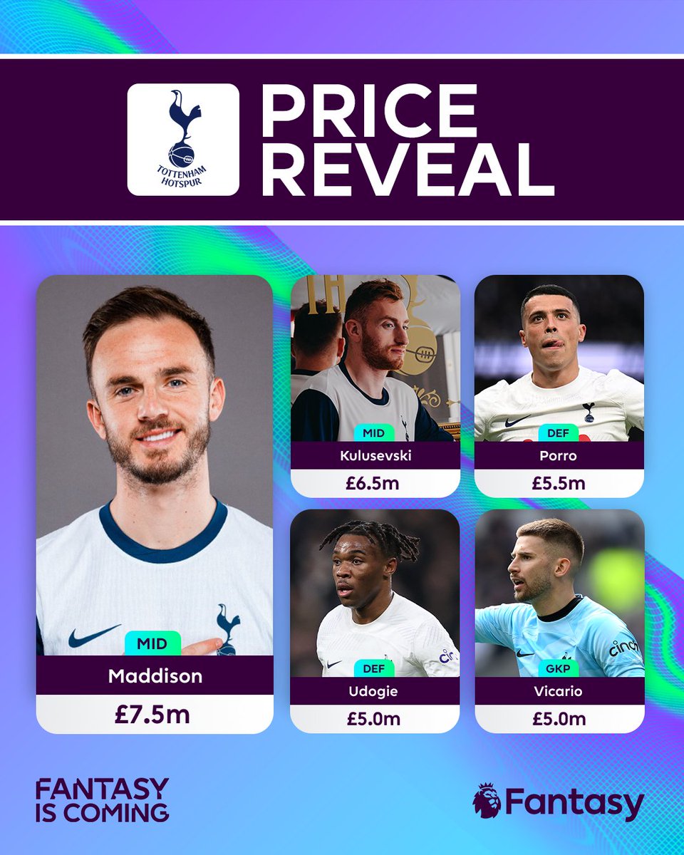 OfficialFPL's tweet photo. Time to bring you five #FPL price reveals from @SpursOfficial 🧐

Will any of these players make it into your squad for Gameweek 1? 👥 https://t.co/IumUzP9t9F