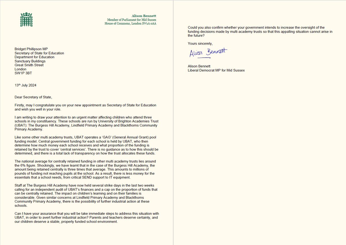 AlisonEBennett's tweet photo. I have written to the SoS for Education @bphillipsonMP  asking her to take immediate action on the 'GAG' funding arrangements at 3 schools in #MidSussex that are part of the University of Brighton Academy Trust in order to resolve the current industrial dispute https://t.co/bV964WUj1Y